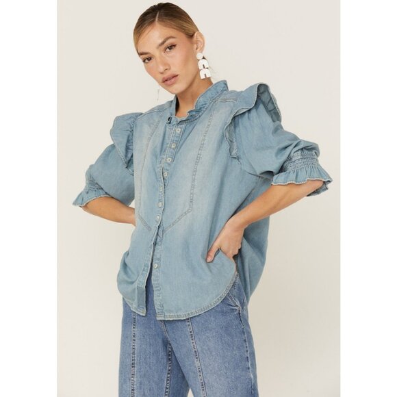 Free People Tops - Free People Womens Size Small Indigo Louise Denim Top NEW